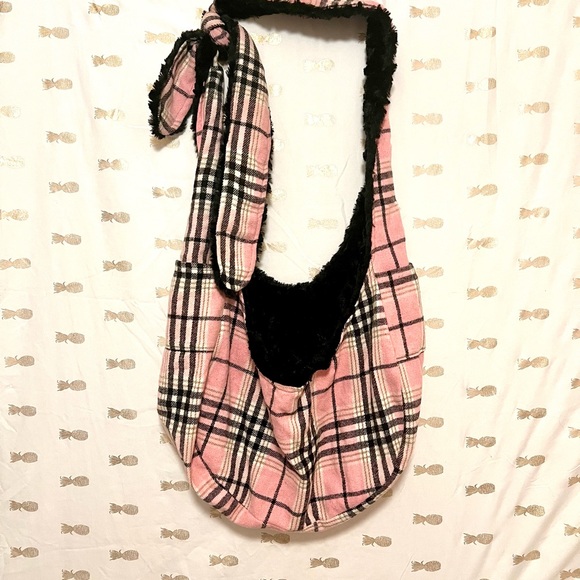 Large Pink and Black Plaid Faux Fur Trim and Interior Boho Bag - Picture 1 of 14